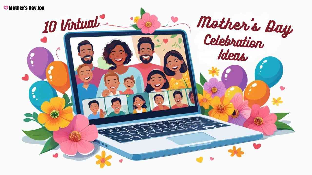Family video call on a laptop with Mother’s Day decorations and smiling faces