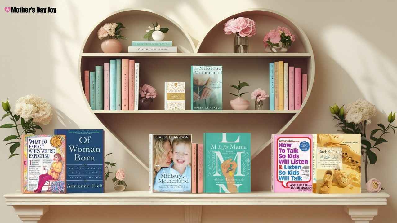 best books about motherhood Stack of beautifully wrapped books about motherhood with a handwritten note and flowers
