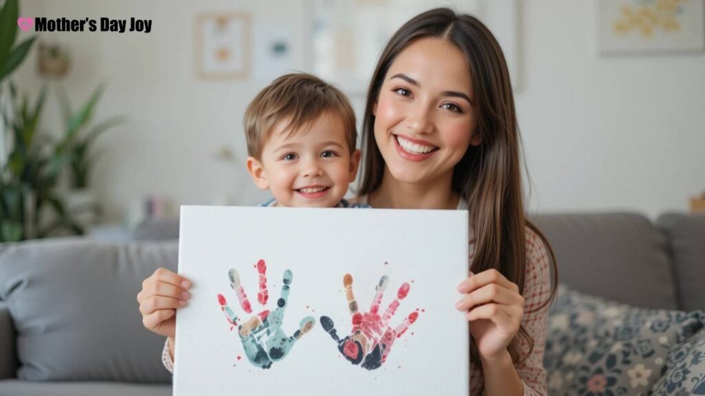 A smiling mom holding a handprint art canvas with her child ( This Mother's Day Crafts Kids Can Make easily )