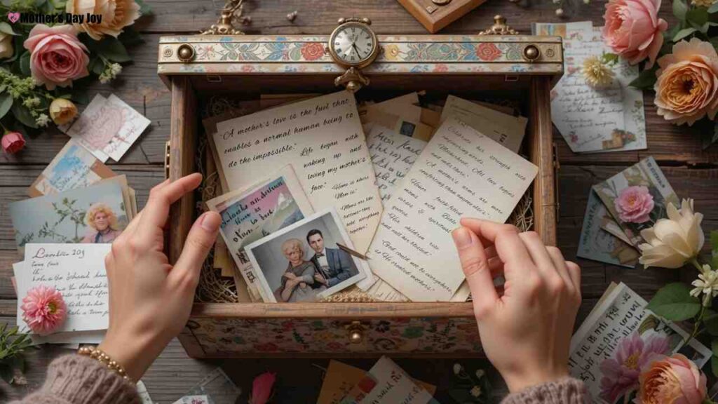 Hands placing handwritten letters and photos into a decorative time capsule box with flowers This is Mother's Day Time Capsule