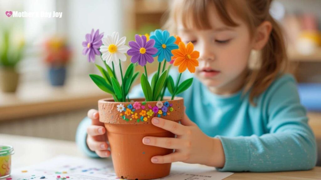 Kindergarten child painting a terracotta pot with bright colours for Mother’s Day (1)