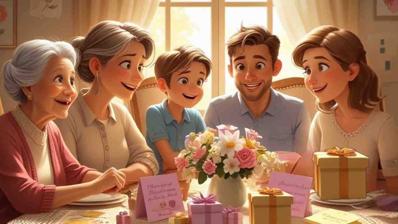 Multi-generational family debating Mother's Day traditions around a table
