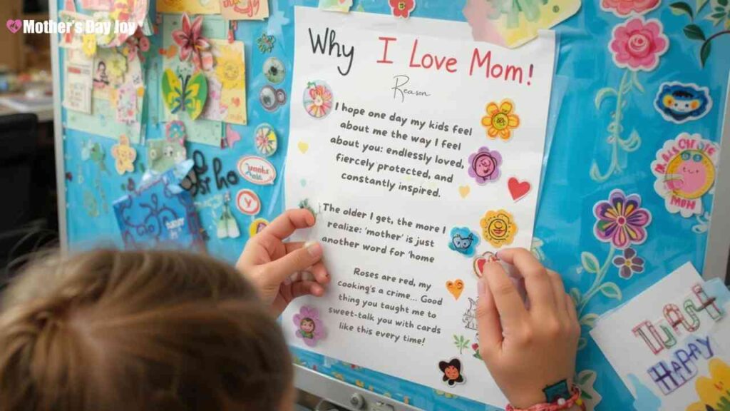 Third grader decorating a 'Why I Love Mom' list with stickers
