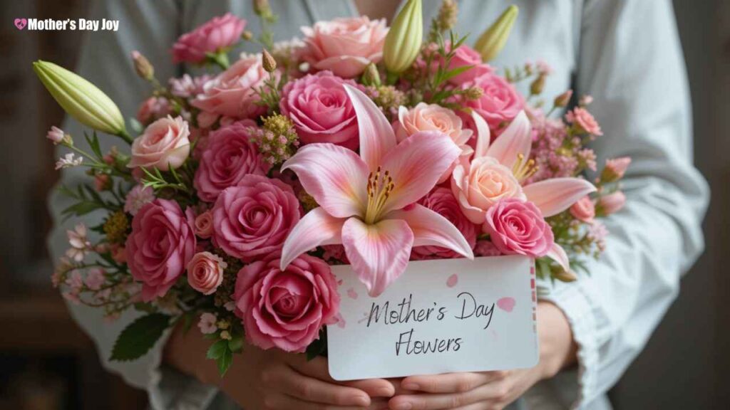 Mother's Day flowers Vibrant bouquet of pink carnations, roses, and lilies in a mother’s hands with a handwritten card