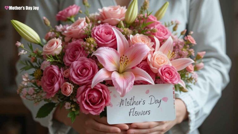Mother's Day flowers Vibrant bouquet of pink carnations, roses, and lilies in a mother’s hands with a handwritten card