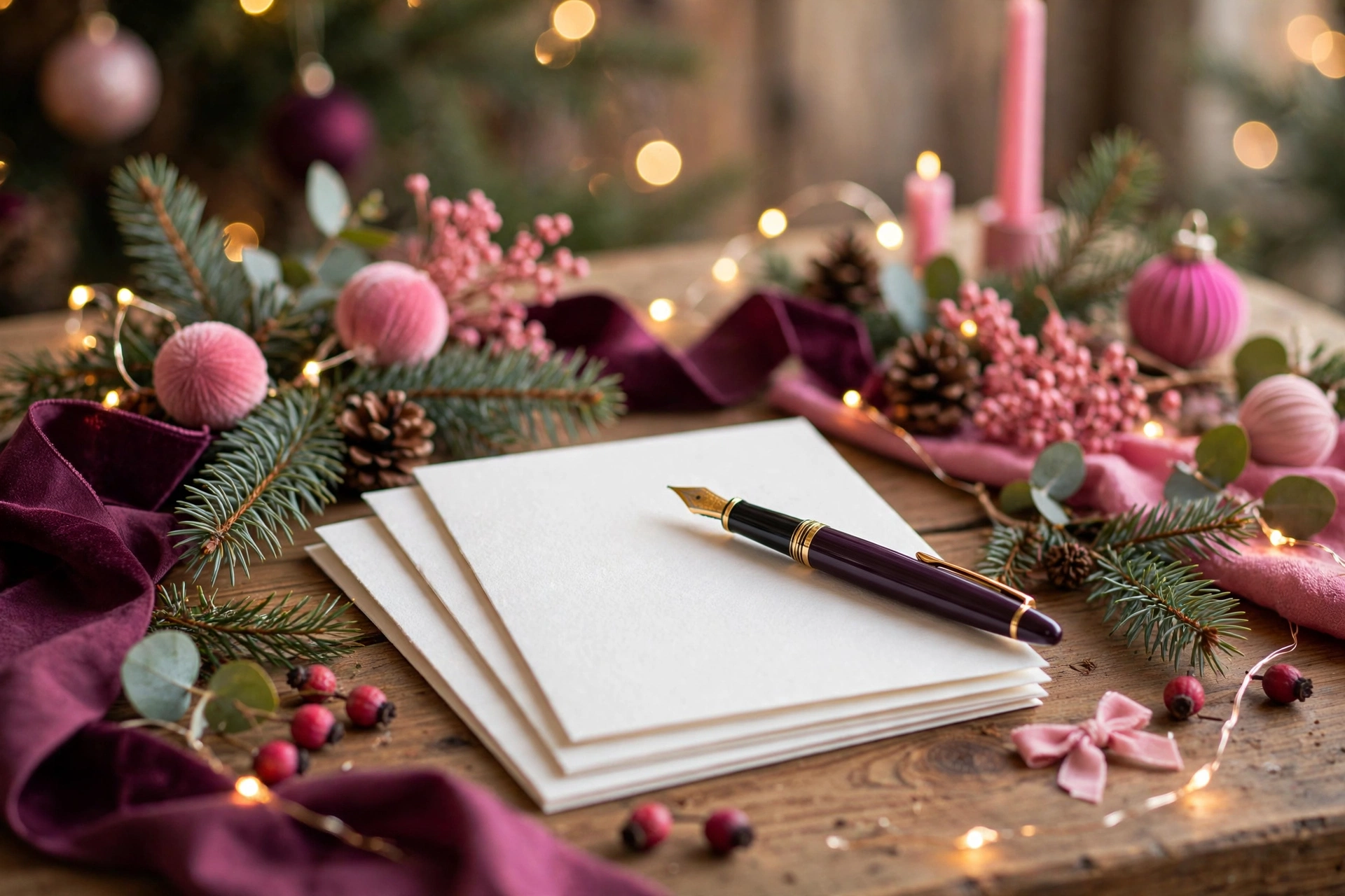 Blank cards and pen for christmas card messages for mom on a festive pink and plum holiday table