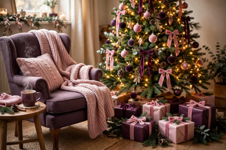 Warm christmas gifts for grandma arranged under a glowing tree with pink and plum holiday decor