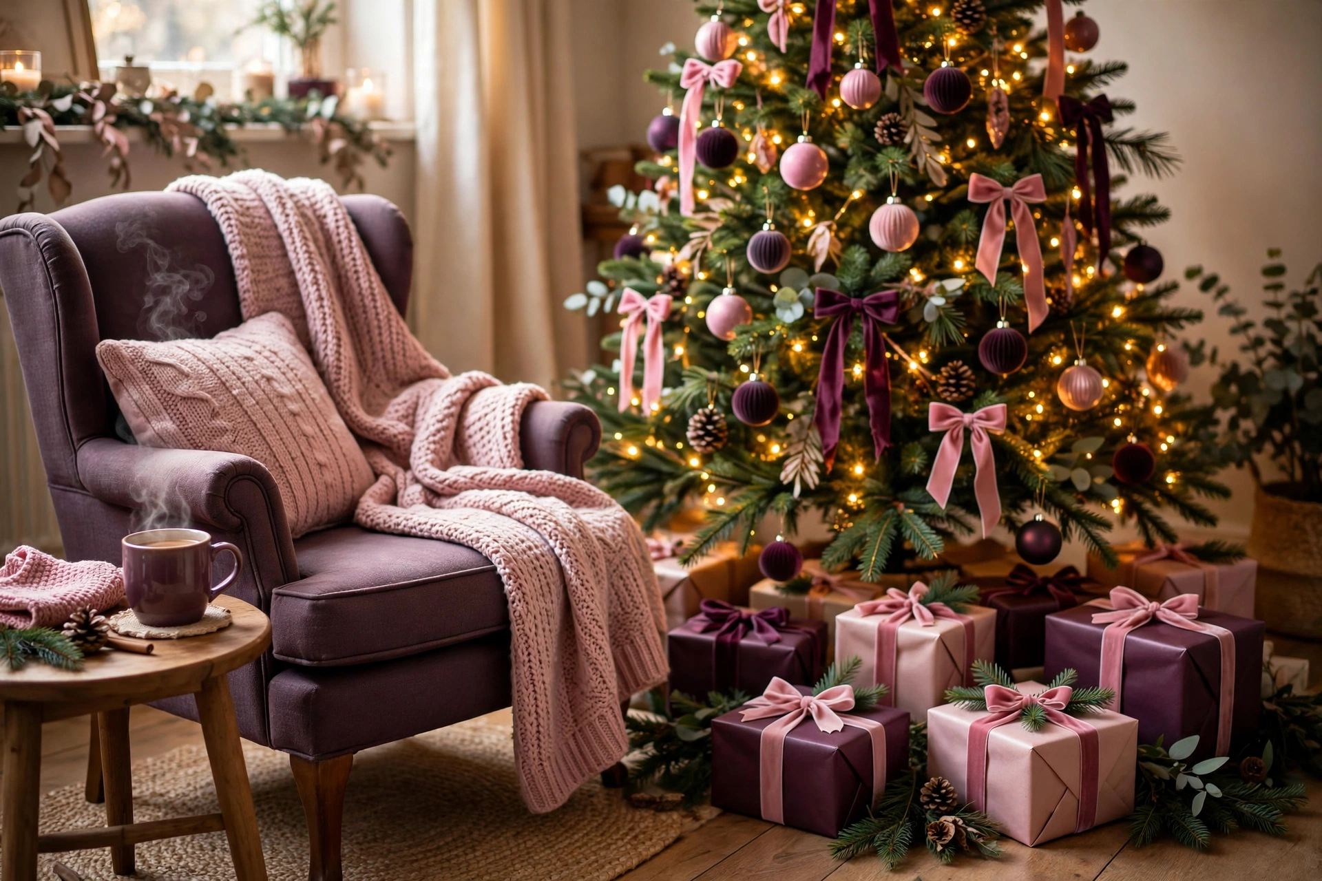 Warm christmas gifts for grandma arranged under a glowing tree with pink and plum holiday decor