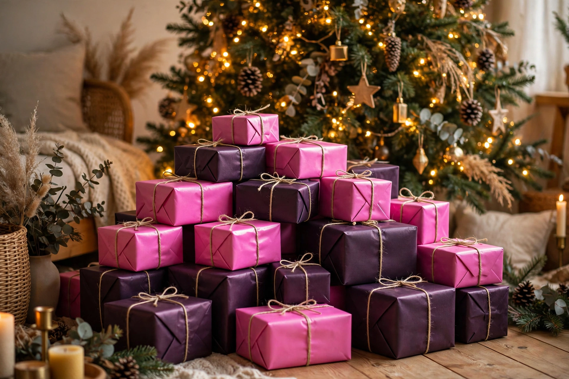 Affordable christmas gifts for mom under $50 wrapped in pink and plum paper under the tree