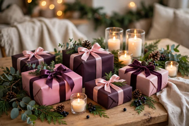 Elegant christmas gifts for mother-in-law wrapped in blush pink and deep plum with festive greenery