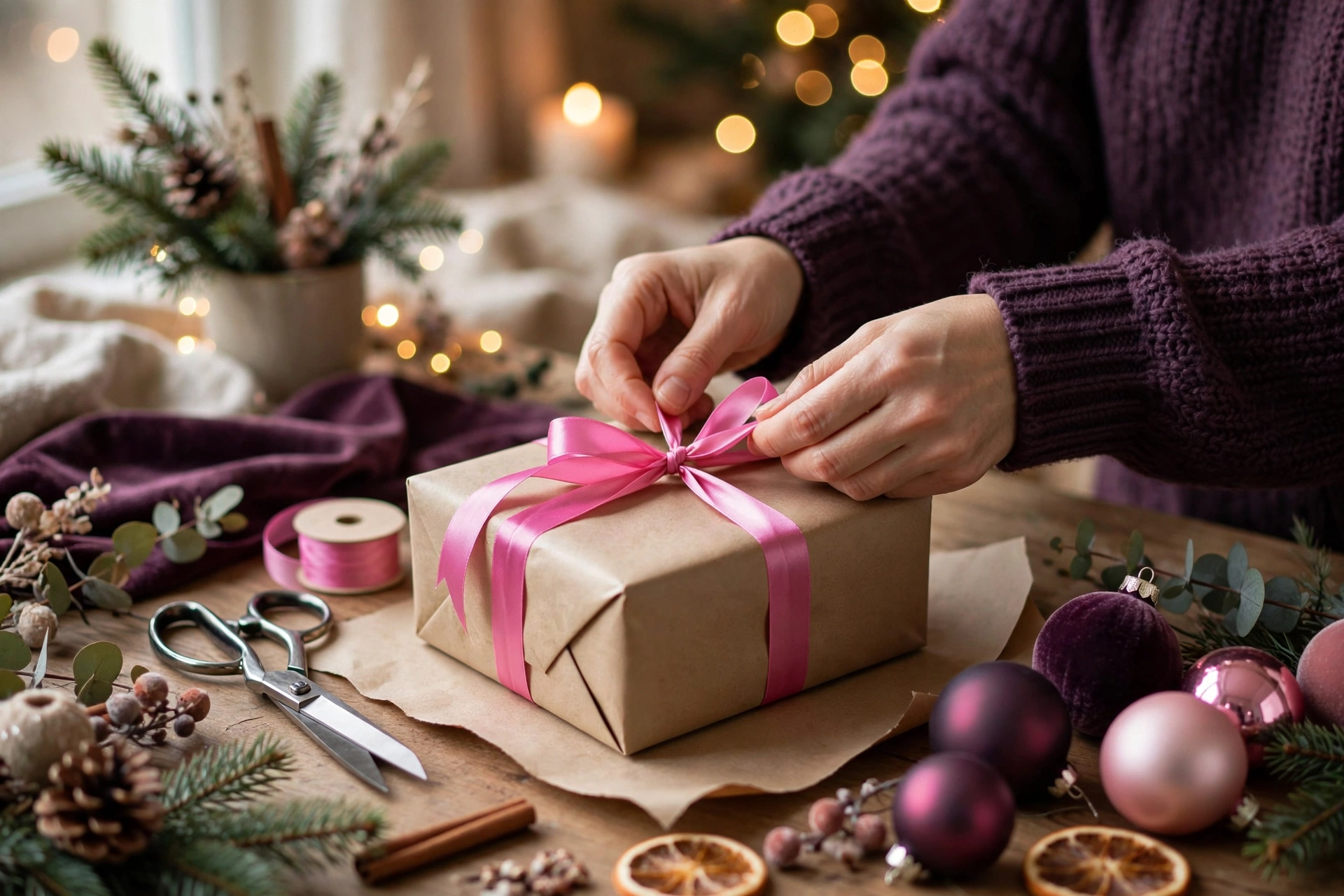 Hands wrapping a gift with creative gift wrapping ideas using pink ribbon and kraft paper