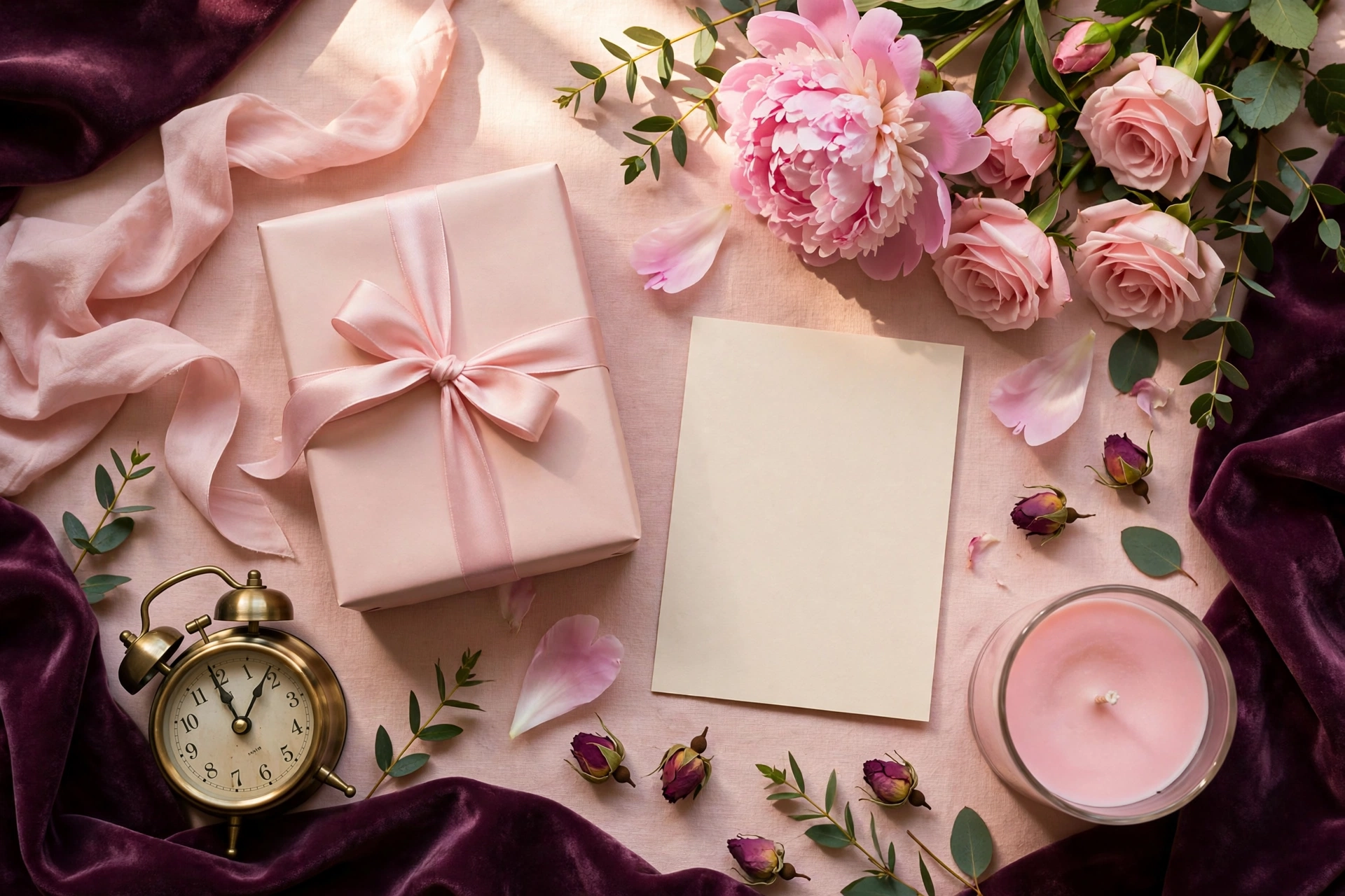 Last minute Mother’s Day gifts flat lay with pink gift box, peonies, roses, greeting card, candle and clock