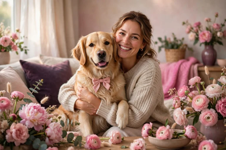 Smiling woman hugging her golden retriever wearing a pink bow among pink flowers — mother’s day gifts for dog moms