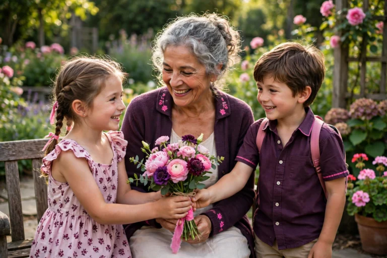 Mother’s day gifts for grandma — grandmother smiling in a sunny garden holding a pink flower bouquet