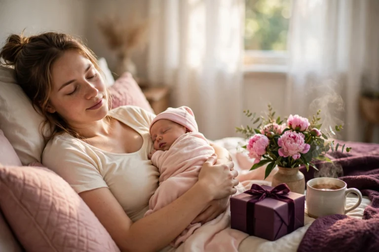 Mother’s day gifts for new moms: new mom resting with her newborn, gift box and pink peonies