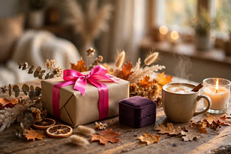Beautiful Thanksgiving gifts for mom arranged on a rustic table with autumn decor