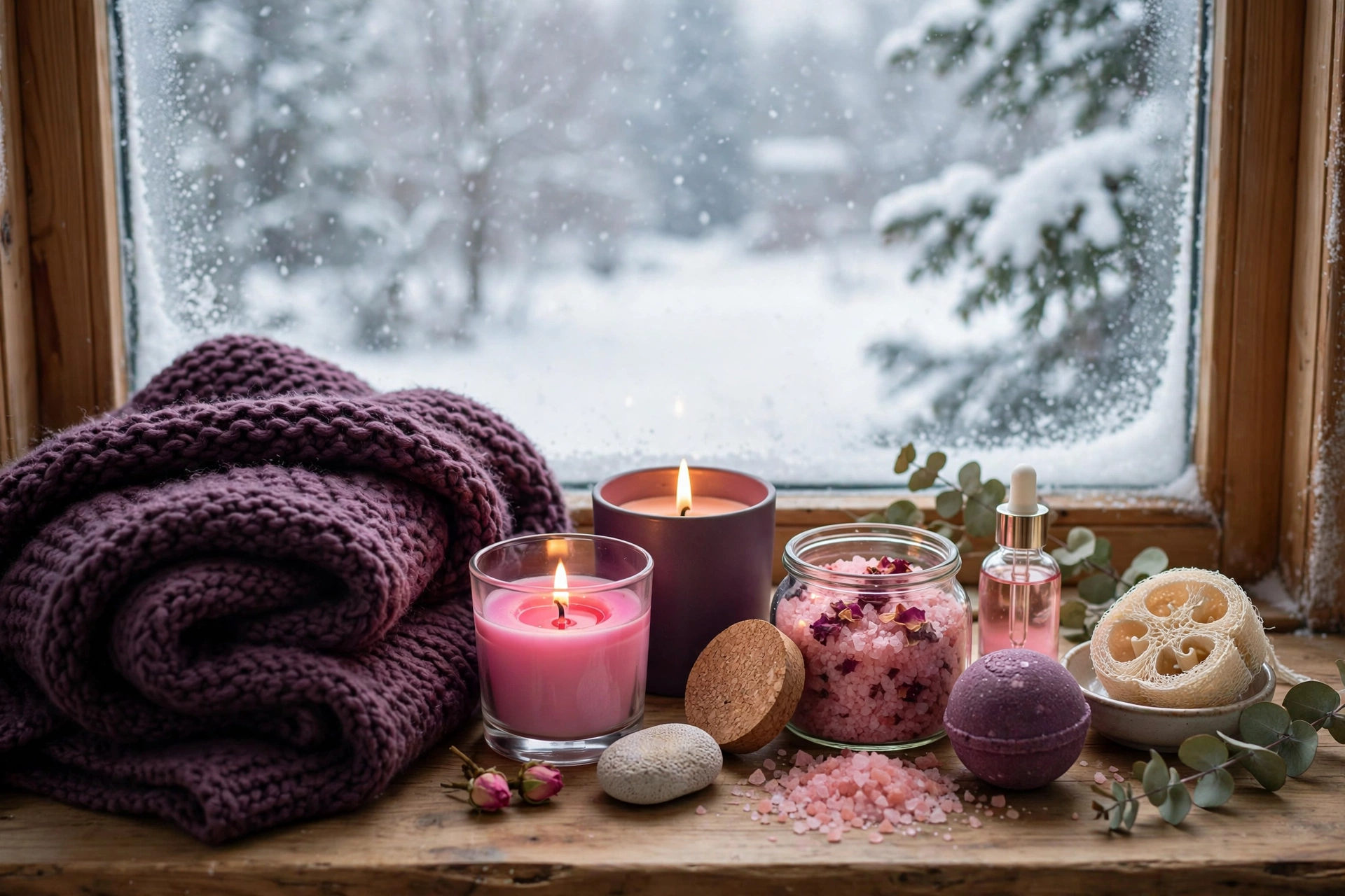 Cozy self care gifts for moms with candles and a warm blanket by a snowy window